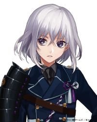 Rule 34 | 10s, 1boy, androgynous, armor, buttons, company name, dated, double-breasted, epaulettes, honebami toushirou, japanese armor, jpeg artifacts, male focus, military, military uniform, necktie, official art, parted lips, purple eyes, shoulder armor, simple background, sode, solo, tndkworks, touken ranbu, uniform, upper body, watermark, white background
