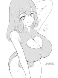 1girl armpits blush breasts china_dress chinese_clothes cleavage closed_mouth dress eleonore_giovanna_gassion greyscale large_breasts long_hair looking_at_viewer luminous_witches monochrome no_panties signature smile solo sweat unkai_daraku world_witches_series