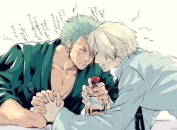 Rule 34 | 2boys, anger vein, blonde hair, bottle, cigarette, couple, dark-skinned male, dark skin, forehead-to-forehead, green hair, heads together, holding, holding bottle, holding hands, interlocked fingers, male focus, multiple boys, necktie, one piece, pectoral cleavage, pectorals, pra (prapon0904), roronoa zoro, sanji (one piece), short hair, sideburns, toned, toned male, translation request, upper body, yaoi