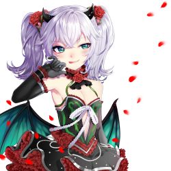 Rule 34 | 1girl, black gloves, breasts, character request, cleavage, cropped legs, detached sleeves, dress, falling petals, fang, flower, gloves, green eyes, hair between eyes, hair flower, hair ornament, hand on own face, highres, horns, kinaka0x0, long sleeves, petals, red flower, red rose, rose, rose petals, shironeko project, small breasts, smile, solo, standing, tongue, tongue out, twintails, white background, white hair, wings