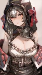 Rule 34 | 1girl, absurdres, bow, breasts, cleavage, commentary request, hair between eyes, hair ornament, highres, hololive, hood, hood up, jacket, large breasts, looking at viewer, medium hair, off shoulder, open clothes, open jacket, parted lips, plaid, plaid bow, red bow, red eyes, sakamata chloe, sakamata chloe (1st costume), shirt, silver hair, soleil (soleilmtfbwy03), solo, strap slip, upper body, virtual youtuber, white shirt, x hair ornament