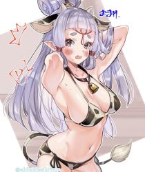 Rule 34 | !?, 1girl, ^^^, alternate costume, animal ears, animal print, armpit peek, arms up, bell, bikini, blunt bangs, blush, breasts, chinese zodiac, choker, cleavage, cow ears, cow horns, cow print, cow tail, cowboy shot, facial mark, fake animal ears, fake horns, fake tail, fang, forehead mark, grey background, horns, long hair, looking at viewer, medium breasts, midriff, navel, neck bell, nintendo, open mouth, paya (zelda), pointy ears, red eyes, shuri (84k), side-tie bikini bottom, sideboob, sidelocks, silver hair, simple background, solo, surprised, sweat, swimsuit, tail, the legend of zelda, the legend of zelda: breath of the wild, thick eyebrows, topknot, translated, twitter username, white background, year of the ox