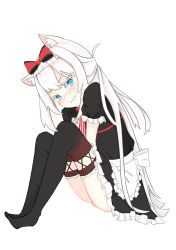Rule 34 | 1girl, absurdres, animal ear fluff, animal ears, apron, aqua eyes, azur lane, back bow, between legs, black dress, black thighhighs, blush, bow, bowtie, cat ears, closed mouth, dress, embarrassed, female focus, flat chest, frilled dress, frills, from side, full body, hair bow, hammann (azur lane), hand between legs, have to pee, highres, knees up, long hair, looking at viewer, maid, maid apron, maid headdress, nose blush, red bow, red bowtie, short sleeves, simple background, sitting, solo, striped bow, striped bowtie, striped clothes, textless version, thighhighs, wavy mouth, white background, yunpe ruto
