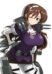 Rule 34 | 10s, 1girl, anti-aircraft, anti-aircraft gun, ashigara (kancolle), blush, breasts, brown eyes, brown hair, cannon, elbow gloves, gloves, hair ornament, hairband, kantai collection, koutarou (plusdrive), large breasts, long hair, one eye closed, pantyhose, pencil skirt, personification, skirt, solo, torpedo, turret, white gloves, white pantyhose, wink