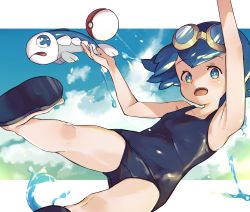 Rule 34 | 1girl, arm up, bare arms, blue eyes, blue hair, blush, bright pupils, commentary request, creatures (company), driftingtiger, eyelashes, feet, flip-flops, freckles, game freak, gen 7 pokemon, goggles, goggles on head, hand up, highres, lana (pokemon), nintendo, no sclera, one-piece swimsuit, open mouth, poke ball, poke ball (basic), pokemon, pokemon (creature), pokemon sm, sandals, short hair, swimsuit, teeth, toes, tongue, upper teeth only, water, white pupils, wishiwashi, wishiwashi (solo)