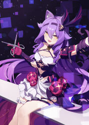 Rule 34 | 1girl, :d, absurdres, animal ear fluff, animal ears, breasts, cleavage, fang, gloves, hairband, highres, holding, holding scissors, honkai (series), honkai impact 3rd, open mouth, purple gloves, purple hair, scissors, shenhai xianyu fan, sirin, sirin (miracle magical girl), sitting, small breasts, smile, solo, yellow eyes