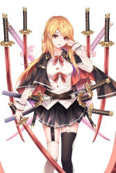 Rule 34 | 1girl, asymmetrical legwear, belt, black cloak, black skirt, black thighhighs, blonde hair, breasts, buttons, cloak, collared shirt, cup6542, dress shirt, feet out of frame, floating, floating object, floating sword, floating weapon, garter straps, hand up, highres, holding, holding sword, holding weapon, katana, long hair, long sleeves, looking at viewer, medium breasts, miniskirt, mismatched legwear, mouth hold, multiple swords, neck ribbon, original, parted lips, pleated skirt, red eyes, red ribbon, ribbon, sheath, sheathed, shirt, sidelocks, simple background, skirt, solo, standing, stick, sword, thighhighs, weapon, weapon on back, white background, white shirt, white thighhighs, zettai ryouiki