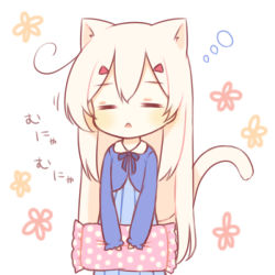 Rule 34 | 1girl, :&lt;, = =, animal ears, ayanami (azur lane), azur lane, blue dress, blue shirt, cat ears, cat girl, cat tail, chibi, closed eyes, collared shirt, dress, facing viewer, floral background, frilled pillow, frills, hair between eyes, hair ornament, hairclip, holding, holding pillow, kemonomimi mode, light brown hair, long hair, long sleeves, parted lips, pillow, polka dot, sakurato ototo shizuku, shirt, sleepy, solo, striped clothes, striped dress, tail, tail raised, translation request, triangle mouth, vertical-striped clothes, vertical-striped dress, very long hair, white background