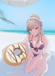 Rule 34 | 1girl, absurdres, azur lane, beach, bikini, blue sky, breasts, choker, cleavage, closed mouth, commentary, dunkerque (azur lane), dunkerque (summer sucre) (azur lane), grey hair, hairband, highres, long hair, looking at viewer, medium breasts, ocean, official alternate costume, on floor, ponytail, purple bikini, red eyes, rzk iii, sky, smile, solo, swimsuit, symbol-only commentary, twitter username, white hairband