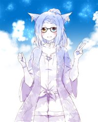 Rule 34 | 1girl, animal ears, warrior of light (ff14), black-framed eyewear, blue background, blue eyes, blue hair, blush, braid, cat ears, commentary, commission, copyright request, earrings, english commentary, facial mark, final fantasy, final fantasy xiv, glasses, hand up, hands up, heterochromia, highres, jewelry, long sleeves, looking at viewer, mole, mole under eye, peachpii, robe, simple background, smile, solo, standing, v, whisker markings, wide sleeves, yellow eyes