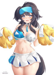 Rule 34 | 1girl, absurdres, bad id, bad pixiv id, black hair, blue archive, commentary request, goggles, goggles on head, grey eyes, hibiki (blue archive), hibiki (cheer squad) (blue archive), highres, long hair, messy hair, millennium cheerleader outfit (blue archive), simple background, solo, thighs, van.elv, white background