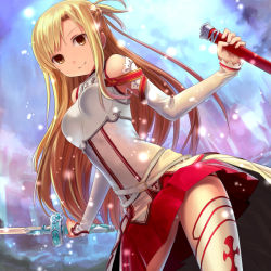 Rule 34 | 10s, 1girl, armor, asuna (sao), bare shoulders, breastplate, brown eyes, brown hair, buntan, detached sleeves, from below, holding, light particles, long hair, scabbard, sheath, smile, solo, sword, sword art online, thighhighs, weapon, white armor, white thighhighs