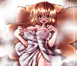 Rule 34 | 1girl, animal ears, blush, breasts, brown eyes, brown hair, cleavage, covered erect nipples, female focus, fox ears, fox tail, large breasts, looking at viewer, lying, moura (kenyuugetu), naked towel, nipples, on back, open mouth, recording, see-through, solo, sweat, tail, touhou, towel, yakumo ran, yellow eyes