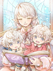 Rule 34 | 1boy, 2girls, aged down, ahoge, alisaie leveilleur, alphinaud leveilleur, ameliance leveilleur, blue eyes, blue shirt, book, brown eyes, dress, eyebrows hidden by hair, family, feet out of frame, final fantasy, final fantasy xiv, gem, hair between eyes, hair ribbon, highres, holding, holding book, light blush, long hair, mother and daughter, mother and son, multiple girls, on lap, open mouth, pink dress, pointing, pointy ears, ribbon, shirt, sitting, smile, stained glass, turtleneck, turtleneck dress, upper body, white hair, yue limsa