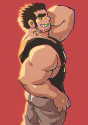 Rule 34 | 1boy, arm behind head, ass, bara, beard stubble, black hair, black tank top, facial hair, feet out of frame, from side, grin, highres, huge eyebrows, large pectorals, looking at viewer, lucas lee, male focus, muscular, muscular male, number tattoo, official alternate costume, pants, pectorals, profile, scott pilgrim (series), scott pilgrim takes off, short hair, sidepec, sideways mouth, smile, solo, stubble, suv (suv032), tank top, tattoo, track pants