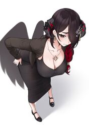 Rule 34 | 1girl, bent over, black dress, black footwear, black hair, black horns, black jacket, black wings, breasts, bright pupils, colored inner hair, covered erect nipples, demon girl, demon horns, dongtan dress, dress, earrings, feathered wings, fortissimo, hair ornament, hair over one eye, hands on own hips, hololive, hololive english, horns, jacket, jewelry, large breasts, long dress, long hair, long sleeves, looking at viewer, low wings, mamarissa ravencroft, mature female, meme attire, mole, mole under eye, multicolored hair, musical note, musical note hair ornament, nago purin, necklace, nervous smile, open clothes, open jacket, pencil dress, red eyes, red hair, scoop neck, shoes, smile, standing, sweat, taut clothes, taut dress, treble clef, two-tone hair, virtual youtuber, white pupils, wings