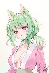 Rule 34 | 1girl, animal ears, beyumi, breasts, breasts apart, cat ears, cat girl, closed mouth, collarbone, commentary, ear piercing, extra ears, eyelashes, facial mark, green hair, highres, long sleeves, looking afar, medium breasts, no bra, open clothes, open shirt, original, piercing, pink eyes, pink robe, robe, signature, simple background, solo, split mouth, symbol-only commentary, upper body, whisker markings, white background