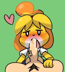 Rule 34 | 1boy, 1girl, animal crossing, animal ears, black eyes, blonde hair, blue skirt, blush, blush stickers, clothed female nude male, cum, cum in mouth, dog ears, dog girl, erection, fellatio, furry, green vest, hair tie, half-closed eyes, heart, hetero, interspecies, isabelle (animal crossing), looking at viewer, male pubic hair, nintendo, nose blush, nude, open mouth, oral, penis, pov, pubic hair, saliva, shirt, short hair, short sleeves, simple background, skirt, solo focus, testicles, tongue, tongue out, topknot, uncensored, veins, veiny penis, vest, vilepluff, villager (animal crossing), white shirt
