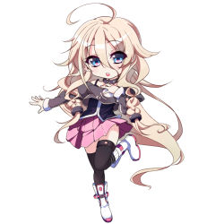 Rule 34 | 1girl, ahoge, black thighhighs, blue eyes, chibi, full body, hair between eyes, ia (vocaloid), kyona (konakona), light brown hair, long hair, looking at viewer, open mouth, pleated skirt, skirt, solo, thighhighs, very long hair, vocaloid