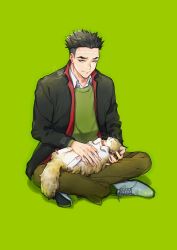 Rule 34 | 1boy, black hair, black jacket, brown pants, cat, collared shirt, contemporary, crossed legs, full body, green background, green shirt, highres, himejima gyoumei, jacket, kimetsu no yaiba, male focus, pants, scar, scar on face, scar on forehead, shinishi chiho, shirt, shoes, short hair, signature, simple background, sitting, solo, standing, undercut, white footwear, white shirt