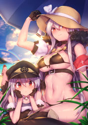 Rule 34 | 2girls, aged down, armband, beach, black footwear, black gloves, blush, boots, breasts, closed mouth, cross, day, girls&#039; frontline, gloves, hair between eyes, half gloves, hat, iron cross, kar98k (girls&#039; frontline), large breasts, lens flare, long hair, lying, multiple girls, multiple persona, navel, on stomach, outdoors, peaked cap, petite, rainbow, shennai misha, sidelocks, silver hair, sitting, smile, sun hat, thigh boots, thighhighs, thighs, very long hair, wariza