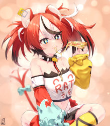 Rule 34 | 1girl, absurdres, animal ears, blue eyes, cheese trail, collar, detached sleeves, eating, food, fue (lars0713), hakos baelz, highres, hololive, hololive english, indian style, midriff, mouse ears, mouse tail, navel, pizza, red hair, sitting, sparkling eyes, spiked collar, spikes, tail, tail wagging, virtual youtuber
