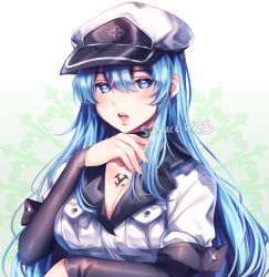 1girl akame_ga_kill! arm_under_breasts artist_name black_choker blue_eyes blue_hair blush chest_tattoo choker commentary double-parted_bangs english_commentary esdeath fingernails hair_between_eyes hand_up hat highres jacket lapels layered_sleeves lips long_hair long_sleeves looking_at_viewer open_mouth sasucchi95 short-sleeved_jacket short_over_long_sleeves short_sleeves sidelocks simple_background solo tattoo teeth tongue upper_body upper_teeth_only white_hat white_jacket