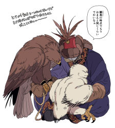 Rule 34 | animal, animal on arm, bird, bird on arm, boots, brown gloves, brown headwear, chick, covered face, eagle, full body, fur hat, gloves, hat, hat feather, hat over eyes, highres, kenkon no washi, li sakura, long sleeves, male focus, mask, mouth mask, nuzzle, robe, simple background, sitting, speech bubble, white background