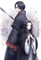 Rule 34 | 2boys, arm at side, back-to-back, black hair, black robe, blood, blood on face, bloody weapon, bun-o, child, chinese clothes, debris, dual persona, feet out of frame, forehead, hair between eyes, hanfu, jian (weapon), juuni kokuki, layered sleeves, long hair, long sleeves, looking at viewer, looking back, male focus, medium hair, multiple boys, own hands together, robe, sash, short hair, short over long sleeves, short sleeves, standing, swept bangs, sword, taiki (juuni kokuki), unsheathed, w arms, weapon, white background, wide sleeves
