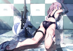 Rule 34 | 1girl, against wall, angled foregrip, ar-15, armband, back cutout, ball, beachball, clothing cutout, competition swimsuit, flip-flops, from behind, full body, girls&#039; frontline, gun, highres, holster, kneeling, knife, looking at viewer, mishima hiroji, multicolored hair, one-piece swimsuit, pink hair, ponytail, puddle, rifle, sandals, scope, solo, st ar-15 (girls&#039; frontline), streaked hair, suppressor, swimsuit, thigh holster, thigh strap, weapon