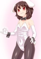 Rule 34 | 1girl, animal ears, bare shoulders, black bow, black bowtie, black hair, black pantyhose, blush, bow, bowtie, covered navel, detached collar, elbow gloves, flat chest, gloves, grin, inaba tewi, leotard, money gesture, pantyhose, playboy bunny, poronegi, rabbit ears, rabbit girl, rabbit tail, red eyes, short hair, simple background, smile, solo, standing, tail, touhou, white gloves, wrist cuffs
