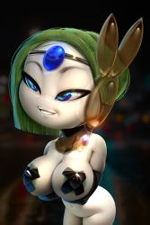 Rule 34 | absurdres, black gloves, breasts, creatures (company), duct tape, elbow gloves, game freak, gen 5 pokemon, gloves, green hair, highres, large breasts, legendary pokemon, meloetta, meloetta (aria), mythical pokemon, nintendo, pasties, pokemon, portrait, smile, solo, tape, tape on nipples, the boogie, third-party edit