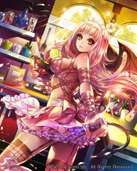 Rule 34 | 1girl, bare shoulders, blush, boots, breasts, closed mouth, company name, demon tail, demon wings, eu (euspia), fishnet thighhighs, fishnets, large breasts, long hair, maboroshi juuhime, pink footwear, pink hair, sideboob, solo, tail, thigh boots, thighhighs, wings, yellow eyes