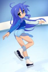 Rule 34 | 1girl, :3, ass, blue hair, blue leotard, blush, boots, figure skating, green eyes, highres, ice, ice skates, ice skating, izumi konata, leotard, long hair, long sleeves, looking at viewer, lucky star, mole, mole under eye, not call, skates, skating, smile, white footwear