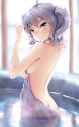 Rule 34 | 10s, 1girl, bare back, bath, blue eyes, breasts, butt crack, covering privates, highres, kantai collection, kashima (kancolle), long hair, looking back, naked towel, nude cover, partially submerged, rizuki suwoto, sideboob, silver hair, smile, solo, towel, tsurime, twintails, wavy hair, wet