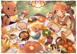 Rule 34 | 5girls, :d, alice in wonderland, animal ears, animal print, apple, apron, bacon, baguette, banana, basket, bear, bear ears, bear print, black bow, blonde hair, blue dress, blue eyes, blurry, blush, bokeh, bow, bread, broccoli, brown hair, brown overalls, butter, chef hat, cherry tomato, chibi, cup, depth of field, dot nose, double bun, dress, drinking straw, egg, fairy wings, flower, food, food focus, fork, frilled sleeves, frills, fruit, grapes, green eyes, hair bow, hair bun, hair ribbon, hat, highres, holding, holding knife, holding pastry bag, holding shaker, honey, jar, juice, ketchup, knife, lamp, long sleeves, lushuao, maid headdress, melon bread, multiple girls, napkin, open mouth, orange (fruit), orange dress, orange eyes, orange juice, original, overalls, pancake, pepper shaker, pink bow, pink hair, pink ribbon, pitcher (container), ponytail, pretzel, puffy long sleeves, puffy sleeves, purple dress, purple eyes, red bow, red dress, red ribbon, ribbon, salad, shirt, smile, spoon, sugar cube, teacup, tomato, twintails, vase, white apron, wings, yellow eyes, yellow flower, yellow shirt