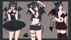 Rule 34 | 1girl, alternate costume, alternate hairstyle, armpits, arms up, asymmetrical clothes, black choker, black dress, black footwear, black hair, black thighhighs, blush, bracelet, breasts, choker, cleavage, cleavage cutout, clothing cutout, demon horns, demon tail, demon wings, dress, feet out of frame, fingernails, gloves, heart cutout, highres, horns, idolmaster, idolmaster shiny colors, jewelry, large breasts, layered dress, long hair, looking at viewer, multiple views, nail polish, navel, o-ring, o-ring dress, o-ring top, open clothes, open shorts, paddy field, partially fingerless gloves, pleated dress, shirase sakuya, short shorts, shorts, simple background, single glove, sleeveless, sleeveless dress, smile, smirk, stomach, straight hair, tail, thigh strap, thighhighs, two-tone background, very long hair, wavy hair, wings, zettai ryouiki