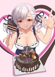 Rule 34 | 1girl, :q, absurdres, bare shoulders, breasts, cake, chocolate, chocolate on body, chocolate on breasts, cleavage, commentary, dawn02, english commentary, food, food on body, fork, girls&#039; frontline, highres, red eyes, silver hair, smile, solo, spas-12 (girls&#039; frontline), tongue, tongue out, twintails