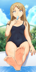 Rule 34 | 10s, 1girl, barefoot, blonde hair, blue sky, breasts, brown eyes, cloud, collarbone, covered navel, dagashi kashi, day, ear piercing, earrings, eating, endou saya, feet, fence, food, foot focus, hair ornament, hairclip, highres, inanaki shiki, jewelry, crossed legs, long hair, looking at viewer, melting, mouth hold, one-piece swimsuit, piercing, pool, popsicle, sanpaku, school swimsuit, sitting, sky, small breasts, soaking feet, soles, solo, strap slip, swimsuit, toes, water, wet