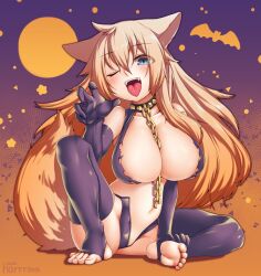 Rule 34 | 1girl, animal ears, bat (animal), black thighhighs, blonde hair, blue eyes, blush, breasts, chain, collar, fangs, feet, gloves, gradient background, groping motion, halloween, large breasts, long hair, moon, nails, navel, one eye closed, open mouth, orange background, purple background, smile, soles, spiked collar, spikes, tail, teeth, thighhighs, toeless legwear, toenails, tongue, tongue out, tsumumamire, unzipped, upper teeth only