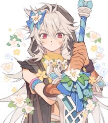 Rule 34 | 1boy, blue bow, blue flower, blush, bow, closed mouth, facial scar, flower, genshin impact, gloves, greatsword, grey hair, hair between eyes, hair bow, holding, holding sword, holding weapon, hood, hood up, long hair, looking at viewer, male focus, orange gloves, razor (genshin impact), razor is cute, red eyes, scar, scar on cheek, scar on face, simple background, solo, sword, upper body, very long hair, weapon, white background, white flower, yellow flower