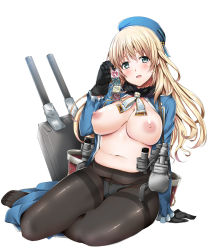 Rule 34 | 10s, 1girl, atago (kancolle), black gloves, black pantyhose, blonde hair, blush, breasts, cannon, condom, condom packet strip, condom wrapper, fujioka toki, gloves, green eyes, gusset, hat, highres, holding, kantai collection, large breasts, long hair, looking at viewer, military, military uniform, nipples, open mouth, pantyhose, plump, simple background, sitting, smile, solo, thighband pantyhose, uniform, white background, yokozuwari