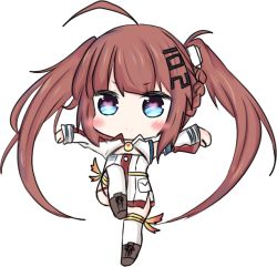 Rule 34 | 1girl, :&gt;, ahoge, azur lane, bailingxiao jiu, blue eyes, blush, boots, braid, brown footwear, brown hair, chibi, closed mouth, cross-laced footwear, detached sleeves, dress, fu shun (azur lane), full body, lace-up boots, long hair, long sleeves, looking at viewer, outstretched arms, short dress, sidelocks, simple background, solo, standing, standing on one leg, thighhighs, twintails, very long hair, white background, white dress, white thighhighs