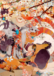 Rule 34 | 1girl, animal ears, artist name, bag, black cat, black gloves, blurry, blush, branch, button eyes, buttons, cat, cat ears, commentary, commission, depth of field, fish, flower, gloves, grin, hetiru, highres, holding, holding paintbrush, holding scroll, map, orange eyes, orange hair, original, paint, paintbrush, paper bag, petals, popped collar, red rope, rope, scroll, semi-rimless eyewear, short hair, smile, solo, tree, under-rim eyewear, watermark, web address, white flower