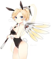 Rule 34 | 1girl, animal ears, bad id, bad pixiv id, bare legs, bare shoulders, blonde hair, blue eyes, blush, breasts, cowboy shot, detached collar, eyebrows, fake animal ears, hair tie, highleg, highleg leotard, holding, holding staff, holding weapon, kurut, kurutsu, large breasts, leotard, looking at viewer, mechanical wings, mercy (overwatch), overwatch, overwatch 1, playboy bunny, ponytail, rabbit ears, rabbit tail, short hair, simple background, solo, staff, strapless, strapless leotard, swiss flag, tail, thighs, twitter username, weapon, white background, wings, wrist cuffs