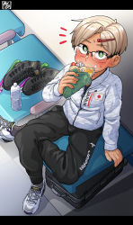 Rule 34 | 1boy, bottle, child, commentary request, eating, food, glasses, hair ornament, hairclip, highres, holding, holding food, kaminosaki, male focus, original, sitting, skates, solo, suitcase, water bottle