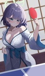 Rule 34 | 1girl, alternate costume, aqua eyes, blue archive, blue kimono, breasts, cleavage, collarbone, green halo, halo, highres, japanese clothes, kimono, looking at viewer, off shoulder, paddle, purple hair, saki (blue archive), solo, sukoyaka konbu, sweat, table tennis paddle