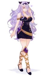 Rule 34 | 1girl, aubz, black dress, breasts, camilla (fire emblem), cleavage, collarbone, commentary, commission, dress, english commentary, fire emblem, fire emblem fates, hair over one eye, heart, high heels, highres, horns, knee pads, long hair, nintendo, one eye covered, parted lips, purple eyes, solo, very long hair, watermark