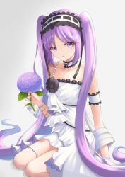Rule 34 | 1girl, absurdly long hair, arm strap, bare arms, bare shoulders, black ribbon, bracelet, breasts, choker, collarbone, dress, euryale (fate), fate/grand order, fate (series), flower, frilled choker, frilled dress, frilled hairband, frills, grey background, hair ribbon, hairband, highres, holding, holding flower, hydrangea, jewelry, kurokku, lolita fashion, lolita hairband, long hair, looking at viewer, open mouth, purple eyes, purple flower, purple hair, ribbon, seiza, short dress, simple background, single strap, sitting, sleeveless, sleeveless dress, small breasts, solo, thighs, twintails, very long hair, white dress