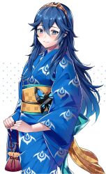 Rule 34 | 1girl, alternate costume, ameno (a meno0), blue eyes, blue hair, blue kimono, blush, closed mouth, commentary, fire emblem, fire emblem awakening, hair between eyes, highres, holding, japanese clothes, kimono, lips, long hair, looking back, lucina (fire emblem), nintendo, obi, pink lips, sash, smile, solo, symbol-only commentary, tiara, wide sleeves
